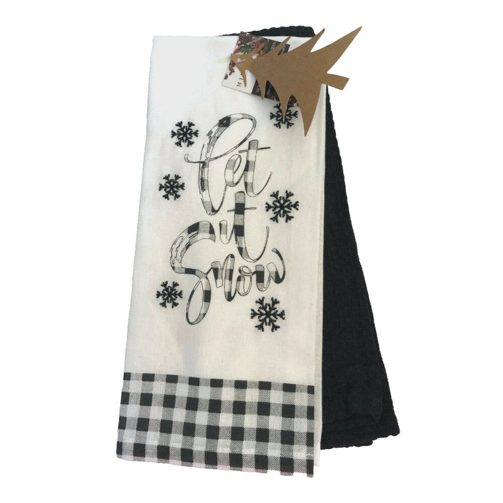 Christmas Dish Towels Set of 2 Let It Snow Snowflakes Embroidered Buffalo Check